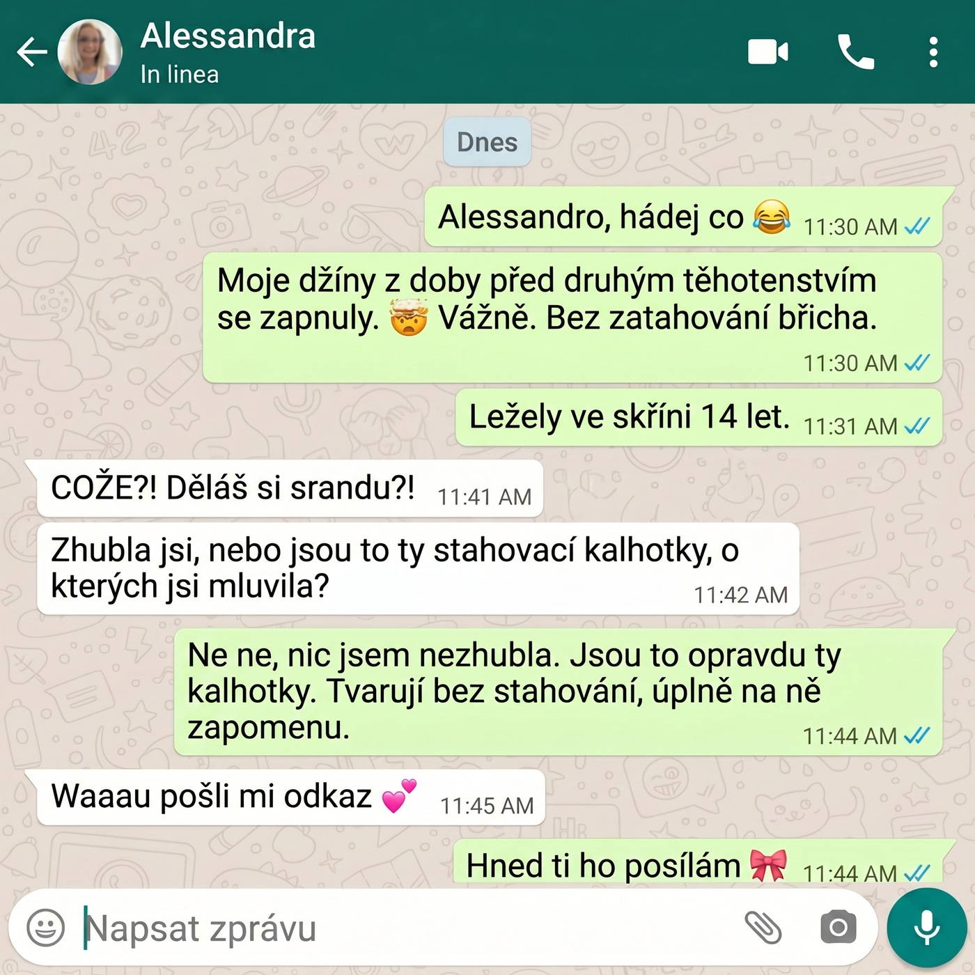 Screenshot z WhatsAppu — džíny zapnuté po 16 letech