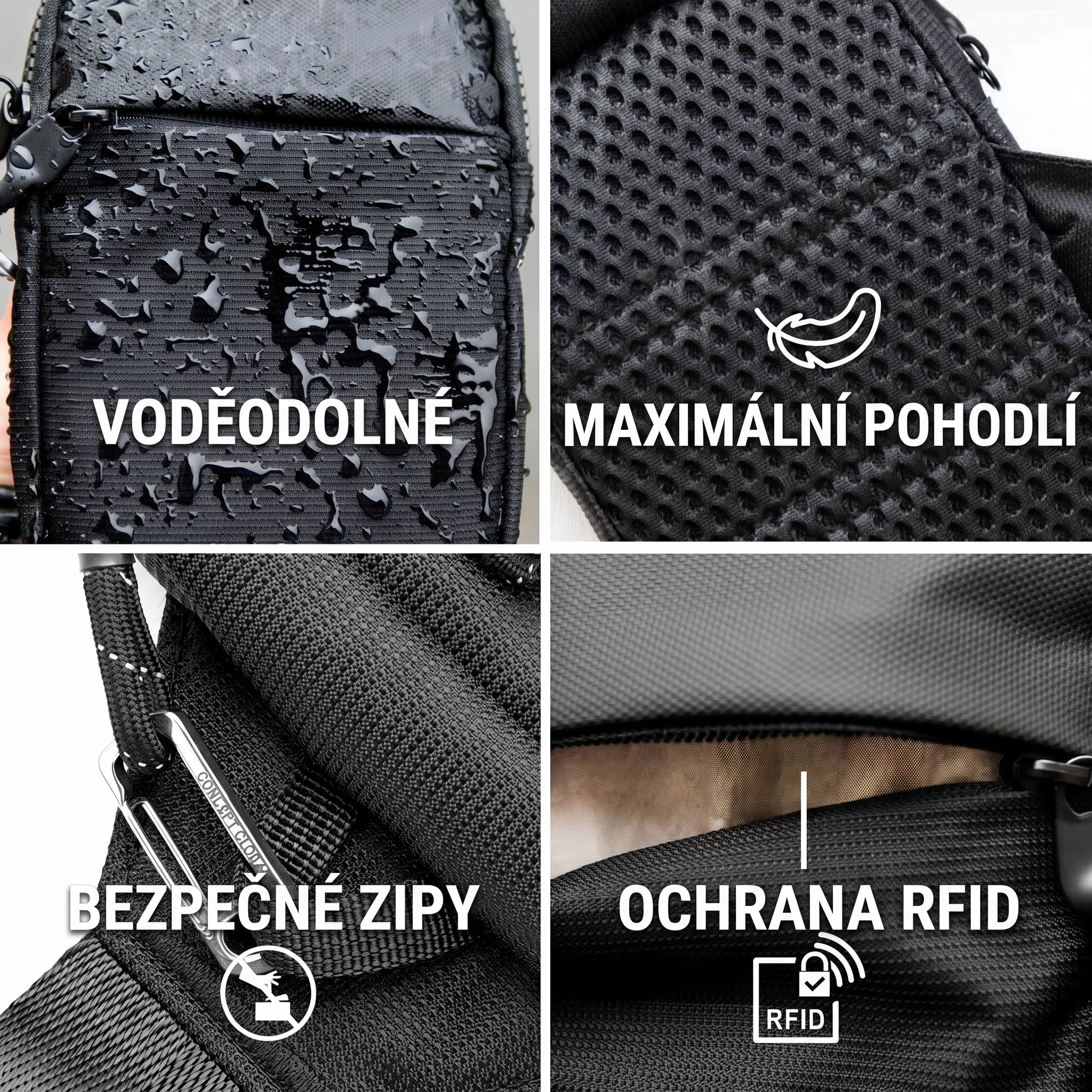 Vlastnosti: voděodolná, pohodlí, bezpečné zipy, RFID